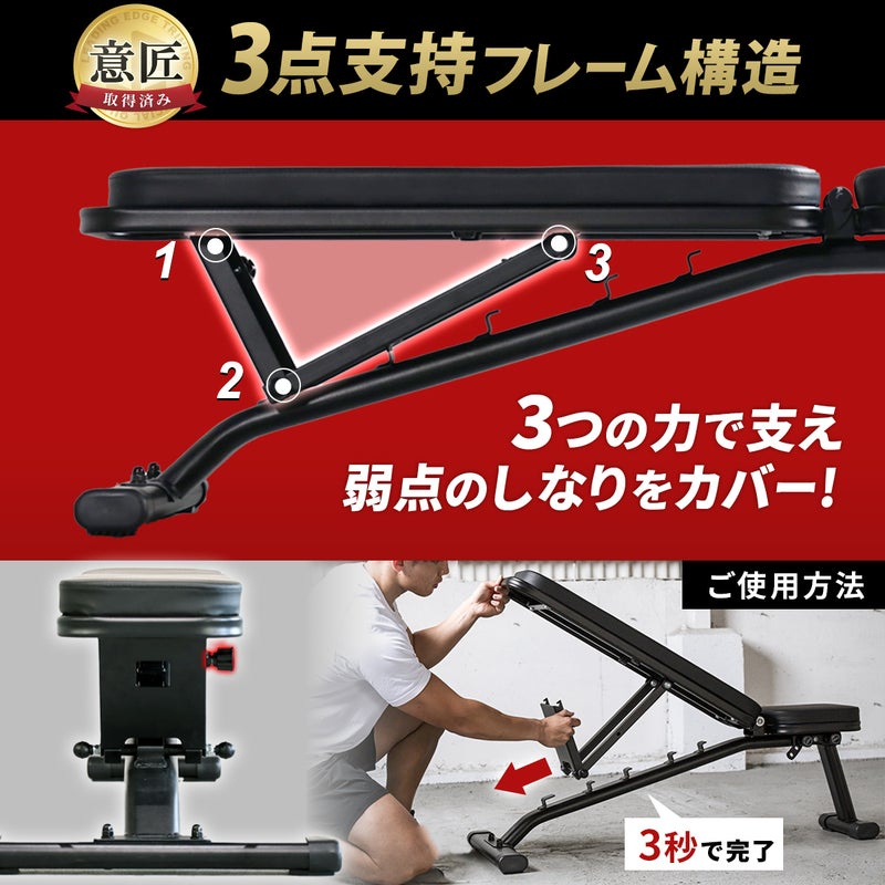 意匠取得済みの3点支持フレーム構造でしなりを抑える、リーディングエッジのトレーニングベンチ。インクライン対応・デクライン対応で、耐荷重300kgの堅牢な設計。3秒で簡単に角度調整ができるご使用方法の解説。