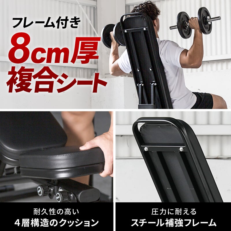 耐荷重300kgを誇るリーディングエッジのトレーニングベンチ。インクライン対応・デクライン対応の8cm厚複合シートや、耐久性の高い4層構造クッション、圧力に耐えるスチール補強フレームなど、高重量トレーニングを支える堅牢な構造を解説。