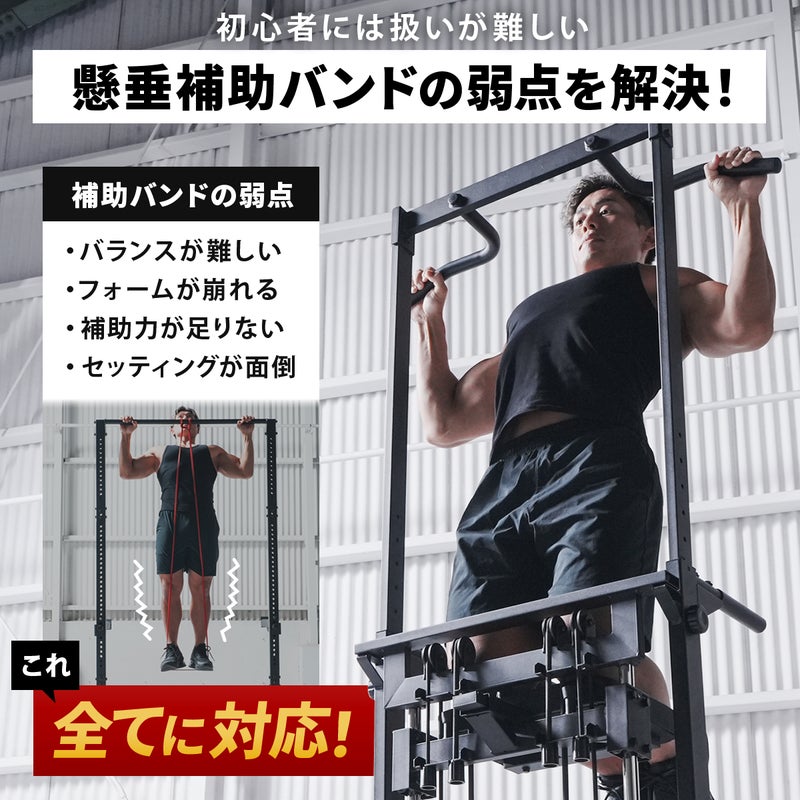 「初心者には扱いが難しい懸垂補助バンドの弱点を解決！」という文字と、リーディングエッジのチンニングスタンド。バランスやフォームの課題を解消し、安定した補助・アシストを可能にする懸垂器具の強みを解説。
