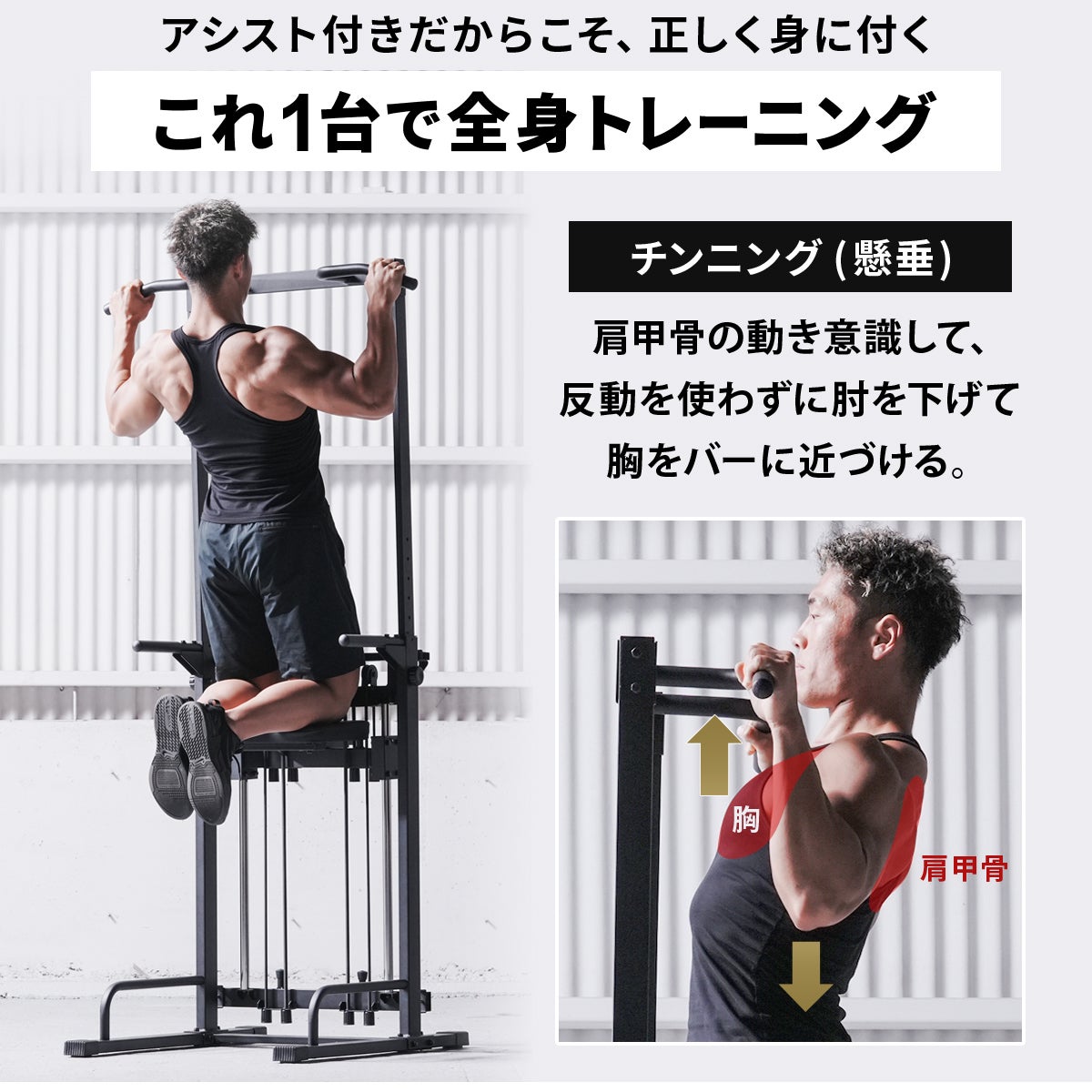 リーディングエッジのアシスト機能付きチンニングスタンド。補助により正しいフォームで運動できる懸垂器具の紹介で、「これ1台で全身トレーニング」「肩甲骨の動きを意識して胸をバーに近づける」といった解説テキストが記載されています。
