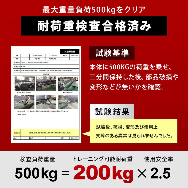 リーディングエッジのハイパーエクステンションベンチが最大500kgの耐荷重検査に合格したことを示す試験報告書。500kgの荷重を3分間保持しても破損や変形はなく、トレーニング可能耐荷重200kg（安全率2.5倍）をクリアした結果を記載。