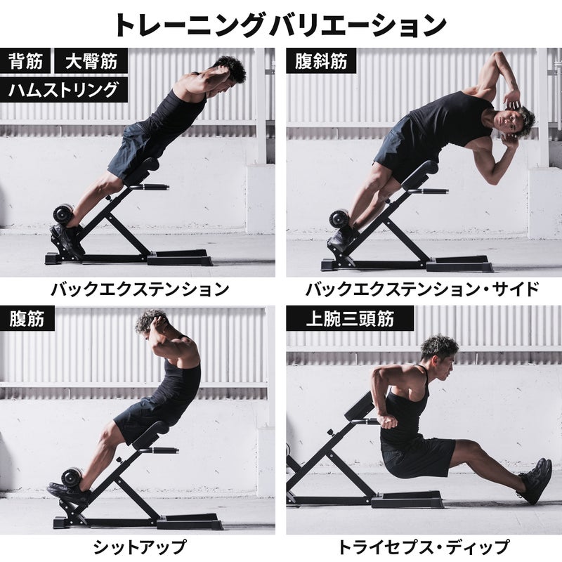 リーディングエッジのハイパーエクステンションベンチを用いた4種類のトレーニングバリエーション。バックエクステンション、サイド、シットアップ、トライセプス・ディップにより、背筋、腹斜筋、腹筋、上腕三頭筋を鍛える様子を解説しています。